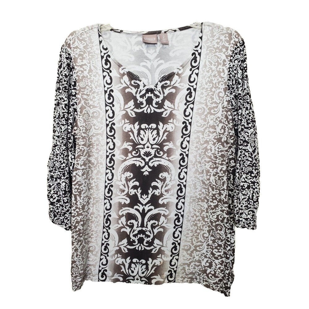 Chico's Cotton/Modal Studded Notch Neck Ruched Sleeve Top Size 2 Large